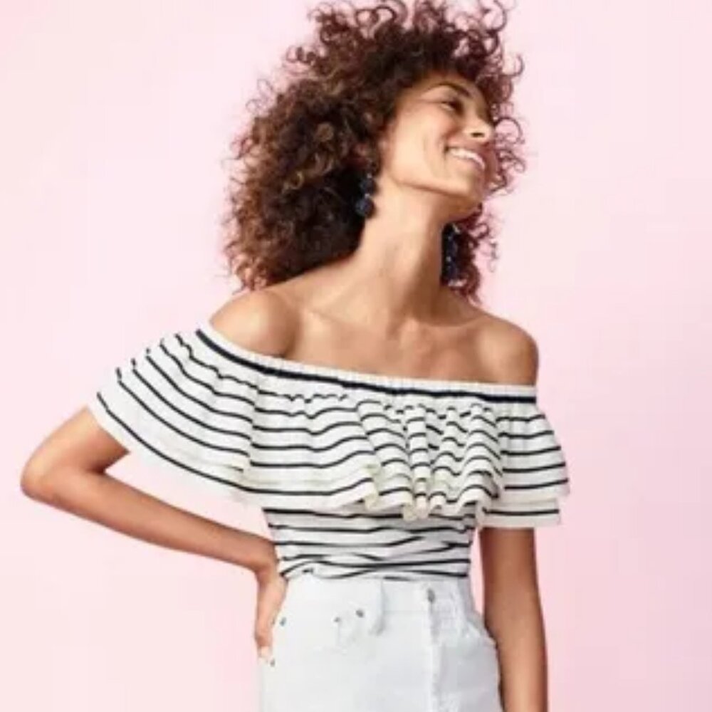 EUC J.Crew Stripe Off Shoulder Ruffle Knit Top Cream Navy Blue Stripes Size XS